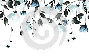 Watercolor floral seamless border of black, gray, blue, turquoise rose, poppy, wild flowers, leaves, branches.