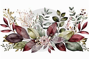 Watercolor floral seamless border green leaves burgundy maroon pink peach blush white flowers leaf branches. Wedding invitations