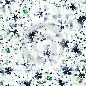 Watercolor floral seamless pattern. Abstract big and small white and navy blue flowers on white background. Template for design,