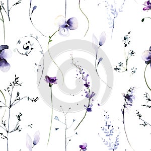 Watercolor floral seamless pattern. Blue, lilac, purple pansies, violets, lavender wild flowers and branches on white.