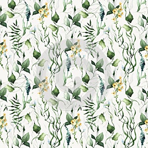 Watercolor floral seamless pattern. Bouquets of green twigs, branches and yellow flowers on beige background.