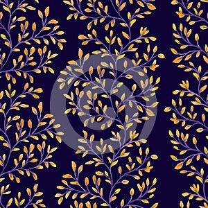 Watercolor floral seamless pattern in bright colors, orange and violet twigs