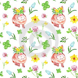 Watercolor floral seamless pattern with cute baby bunny on white background. Spring and summer flowers repeat print