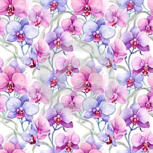 Watercolor Floral Seamless pattern of delicate blue pink orchid flowers on white background, exuding sense of tropical