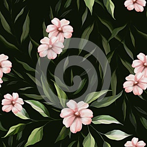 Watercolor floral seamless pattern. Delicate flowers, green leaves, branches on dark background. Botanic wallpaper. Hand drawn