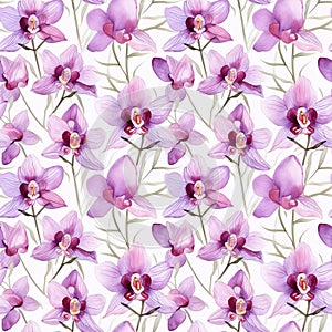 Watercolor Floral Seamless pattern of delicate pink purple orchid flowers on white background, exuding sense of tropical
