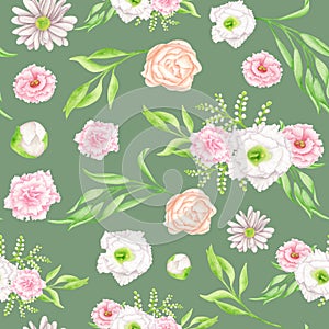 Watercolor floral seamless pattern. Elegant blush and white flower on dark green background. Repeated botanical print