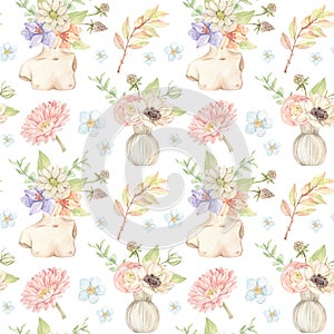 Watercolor floral seamless pattern with field flowers, bouquets, eucalyptus and vases. Botanical modern fabric with Ranunculus,