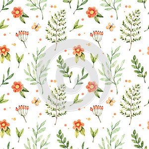 Watercolor floral seamless pattern with field flowers, leaves, butterfly, fern. Botanical background with polka dots and greenery