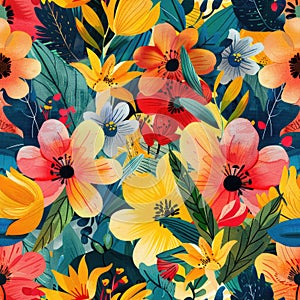 Watercolor floral seamless pattern flat background with vibrant blossoms