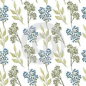 Watercolor floral seamless pattern with flowers and leafs. Dried twigs hand drawn illustration