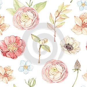 Watercolor floral seamless pattern with gentle field flowers, leaves, eucalyptus. Botanical bouquets with Ranunculus, lilies,