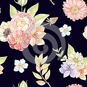 Watercolor floral seamless pattern with gentle field flowers, leaves, eucalyptus. Botanical bouquets with Ranunculus, lilies,