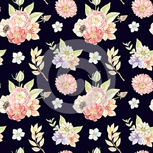 Watercolor floral seamless pattern with gentle field flowers, leaves, eucalyptus. Botanical bouquets with Ranunculus, lilies,
