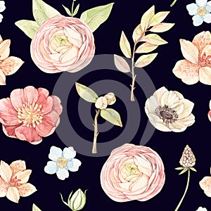 Watercolor floral seamless pattern with gentle field flowers, leaves, eucalyptus. Botanical bouquets with Ranunculus, lilies,