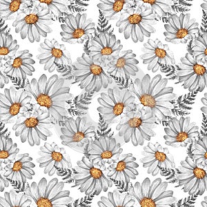 Watercolor floral seamless pattern with glitter. Camomille flowers photo