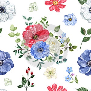 Watercolor floral seamless pattern. Hand painted illustration. Red, white and navy blue flowers, green leaves arrangement