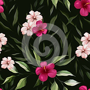 Watercolor floral seamless pattern. Hibiscus flowers, green leaves, branches on dark background. Exotic jungle wallpaper. Hand