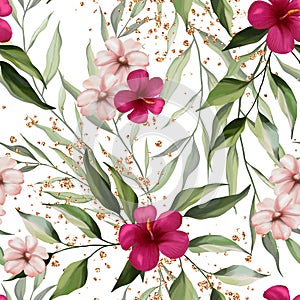 Watercolor floral seamless pattern. Hibiscus flowers, leaves, golden splatter, splashes on white background. Exotic luxury