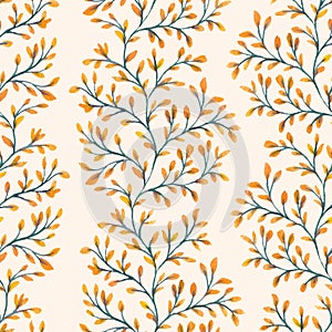 Watercolor floral seamless pattern with leaves, branches. Autumn background