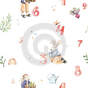 Watercolor floral seamless pattern with numbers, florals and bunnies. Botanical background with polka dots, greenery, characters.