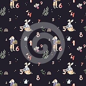 Watercolor floral seamless pattern with numbers, florals and bunnies. Botanical background with polka dots, greenery, characters.