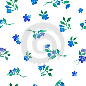 Watercolor floral seamless pattern with painted abstract blue painted flowers on white background.