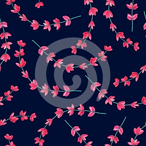 Watercolor floral seamless pattern. Pink meadow flowers on black background