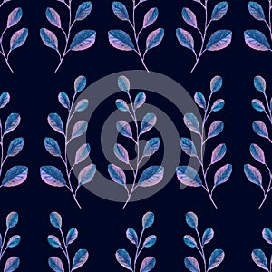 Watercolor floral seamless pattern with pink and purple branches, leaves