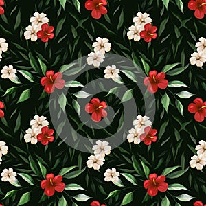 Watercolor floral seamless pattern. Red hibiscus flowers, green leaves, branches on dark background. Exotic jungle wallpaper. Hand