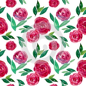 Watercolor wet roses on white seamless pattern.