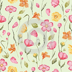Watercolor floral seamless pattern in rustic style. Hand painting print with abstract flowers, leaves