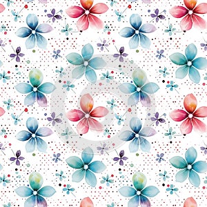 Watercolor floral seamless pattern with soft dotted details isolated on white background