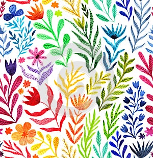 Watercolor floral seamless pattern, summer backdrop. Colorful endless botanical wallpaper, rainbow colors.