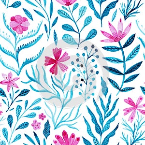 Watercolor floral seamless pattern, summer backdrop. Endless botanical wallpaper