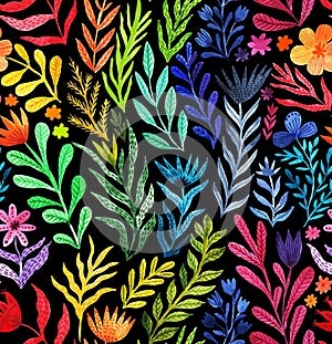 Watercolor floral seamless pattern, summer backdrop. Endless botanical wallpaper, rainbow colors