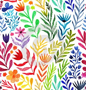 Watercolor floral seamless pattern, summer backdrop. Endless botanical wallpaper, rainbow colors