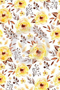 Watercolor floral seamless pattern with yellow flowers and leafs