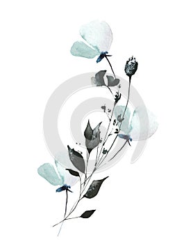 Watercolor floral semicircular frame of blue, turquoise, gray poppy, black buds, ginko biloba leaves, branches, herbs.