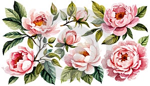 Watercolor floral set. Pink peonies flower, green leaves individual elements