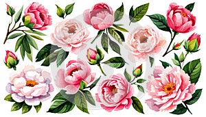 Watercolor floral set. Pink peonies flower, green leaves individual elements