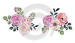 Watercolor floral set of soft spring or summer bouquets. Pink flowers and green leaves, isolated on white background.