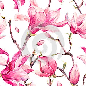 Watercolor Floral Spring Seamless Pattern with Magnolia