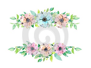 Watercolor floral spring summer frame, template, banner . Anemones design