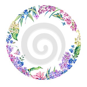 Watercolor floral spring wreath, blooming lilac
