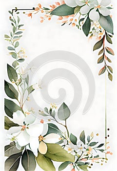 Watercolor floral stationery illustration - delicate spring flowers with borders on a white background. Watercolor spring flowers