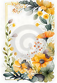 Watercolor floral stationery illustration - delicate yellow spring flowers with borders on a white background. Generative AI