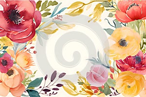 Watercolor floral stationery illustration - spring flowers circle-shaped on a white background. Generative AI