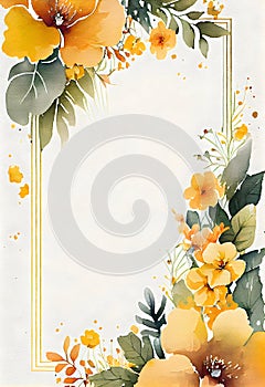 Watercolor floral stationery illustration - yellow flowers with borders on a white background. Watercolor spring flowers postcard