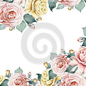 Watercolor floral template frame with pink and yellow tea roses